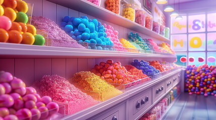 Colorful shelves of sweet candy in a candy store.