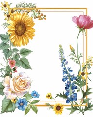 Obraz premium Beautiful floral frame with colorful flowers and green leaves on a white background. Ideal for invitations and decorative design projects.