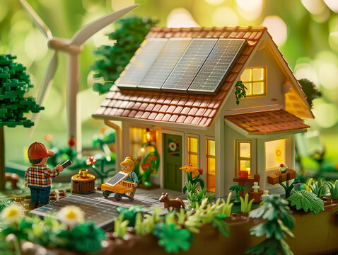 Father and Son Exploring Renewable Green Energy: Teaching Sustainability Through Playful Learning. Father Educating Son About Solar Panels and Wind Turbines at Home Model