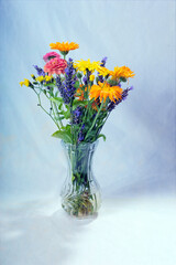 Vertical photo with digital texture layer of flower bouquet in glass vase. Copy space.