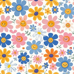 Fototapeta premium A colorful flower pattern with cartoon faces on them