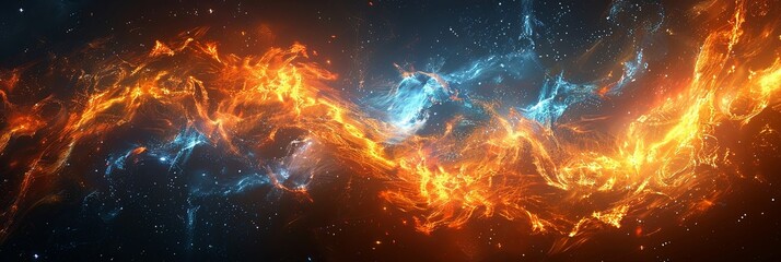A long, curving line of fire with blue and orange flames