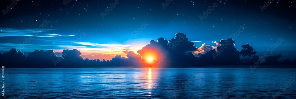 Wall mural a beautiful sunset over a calm ocean with a few clouds in the sky - Wall murals