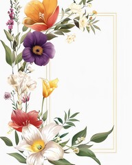 Fototapeta premium Elegant floral border design featuring vibrant flowers and leaves, perfect for invitations, greeting cards, or decorative themes.