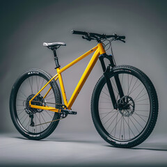 A yellow mountain bike with a black seat and black tires