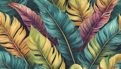 A colorful painting of leaves with a green and yellow leaf in the middle