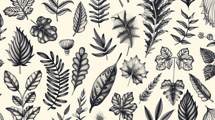 Nature farming theme, Black white botanical leaves flowers pattern design illustration background.