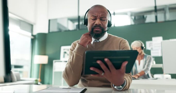Black man, tablet or consultant in call center to explain for tech support consulting in telemarketing. Broker, financial advisor or African sales agent in telecom office for debt, advice or problem