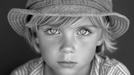 A young boy with a hat on his head and a serious expression