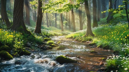 Spring forest river flow landscape 