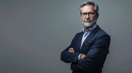 Handsome Mature Businessman Standing Alone Against A Grey Background In The Studio With His Arms Folded, Perfect For Corporate Portraits Or Professional Profiles