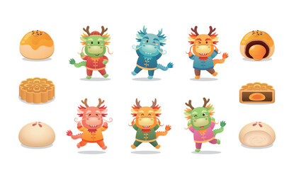A set of vector illustration materials for Mid-Autumn Festival, dragon mascot and traditional Chinese food, pastry desserts