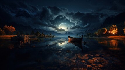 A breathtaking digital artwork of a starry night with a clear view of the moon above a serene lake and silhouette of a boat