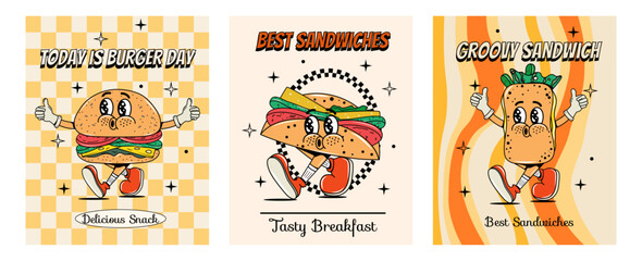 Set of food posters in groovy style. Food and drinks. Quick snack. Y2k elements and shapes. Comic and character. Walking. Retro character with face and hands and legs. Psychedelic and hippie. 2000s.