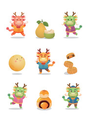 A set of vector illustration materials for the Mid-Autumn Festival, the mascot of the dragon, pomelo and Chinese meringue dessert