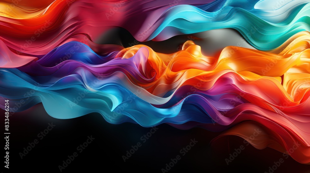 Poster striking abstract image featuring vibrant colored wave patterns against a black background