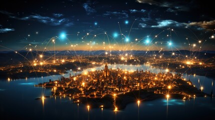 Fototapeta premium This digitally enhanced image shows a nighttime cityscape interconnected with glowing lines, symbolizing connectivity and technology