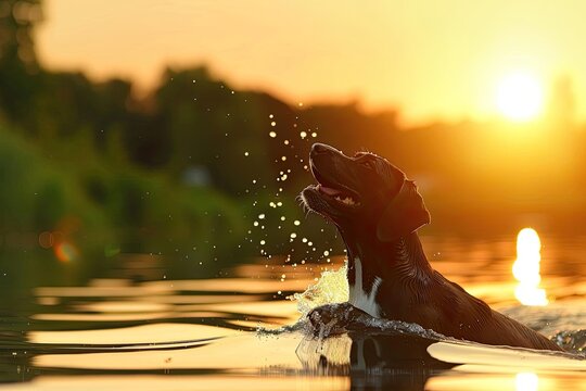 Dog enjoying a swim in a tranquil lake at sunset, creating ripples in the water and basking in the natural beauty of a golden hour.