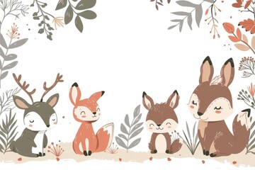 Adorable Woodland Creatures in Autumnal Forest Illustration