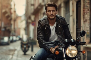 A confident man leaning against a motorcycle in an urban setting, wearing a leather jacket and exuding a cool, self-assured vibe 