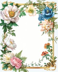 Elegant floral frame with colorful flowers and leaves on a white background, perfect for invitations or greeting cards.