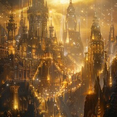 Obraz premium A heavenly city of gold and crystal, with majestic towers and sparkling streets, bathed in a warm, celestial glow 