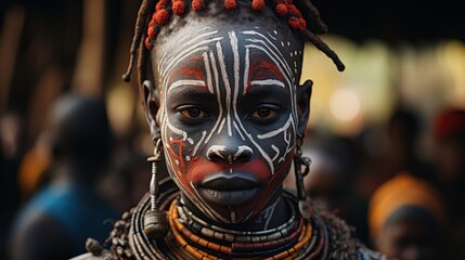 Fototapeta premium Close-up portrait of an individual adorned with traditional tribal face paint and intricate jewelry, showcasing cultural heritage