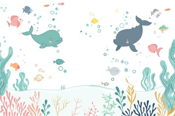 Fototapeta premium Whimsical Underwater Scene with Playful Whales and Tropical Fish
