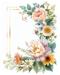 Fototapeta premium Elegant floral frame with watercolor flowers including roses, daisies and greenery, perfect for invitations and greeting cards.