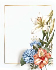 Elegant floral frame with white lily, blue hydrangea, and red lily flowers. Perfect for invitations, greeting cards, and decorations.
