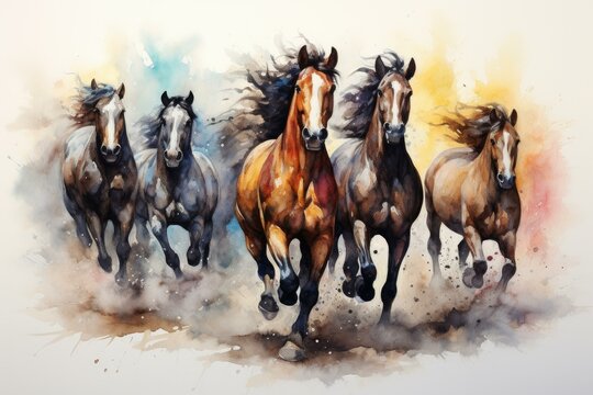 Dynamic and vibrant watercolor painting of galloping horses showcasing the powerful and wild movement of this equine herd as a fine art piece, perfect for home decor and wall gallery