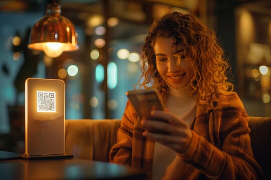 Young Woman Scanning a QR Code Restaurant Menu with Her Smartphone at a Cozy Cafe
