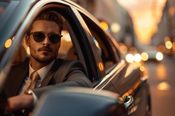 Confident Stylish Business Man in Sunglasses Sitting in the Driver's Seat of a Luxury Car in an Urban Evening Setting