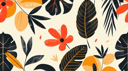 Beautiful botanical garden pattern leaves and flower illustration. Nature spring and autumn plant and flora background.