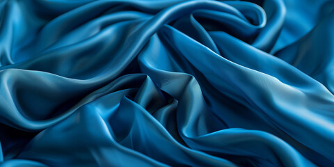 Fototapeta premium Blue fabric with delicate folds. Silk satin fabric backdrop with copy space.