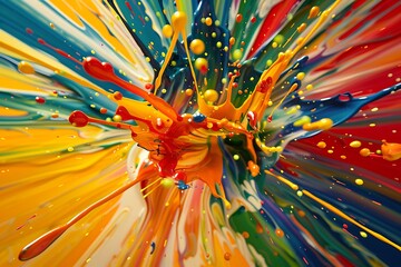 A single drop of paint splatters on the canvas, radiating outwards in a burst of color variations