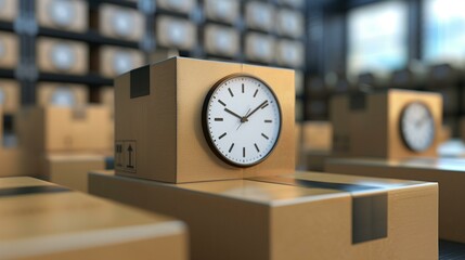expedited delivery with clock ticking on stack cardboard boxes, time customer service reliability delivery