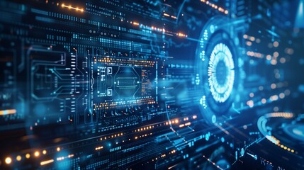 Binary code circuit board with glowing blue eye concept technology, digital information future binary code