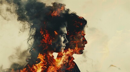 Double exposure man woman with flames on faces looking, passion mystery dark silhouette