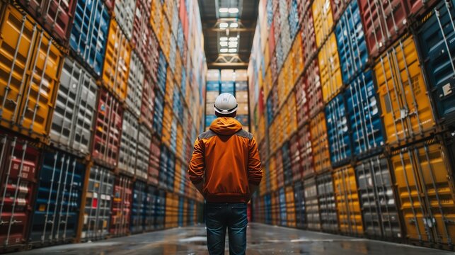 drayage delivery shipment with worker wearing orange jacket standing in front colorful stack containers at shipping yard, worker yard stack shipping