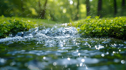 Fototapeta premium A close-up of a nature waterfall's edge, the water just beginning to fall, with the vibrant green surroundings