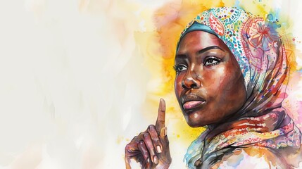 A woman in a hijab points her finger up, with a colorful watercolor background.