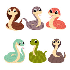 Set snakes in flat style. Cartoon snakes on a white background. Kids illustration of animals. Symbol of 2025, New Year.