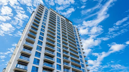 Obraz premium Tall building with a blue sky background, showcasing its many windows and architectural design. Ideal for real estate and urban landscape themes