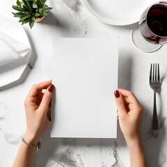 POV view, front views, blank menu, restaurant menu in the woman hands, mockup view 