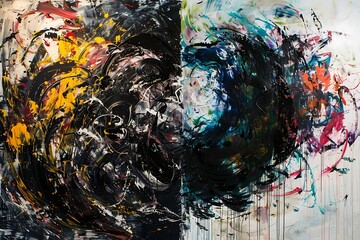 A single, perfectly straight line bisects a canvas filled with swirling, chaotic brushstrokes