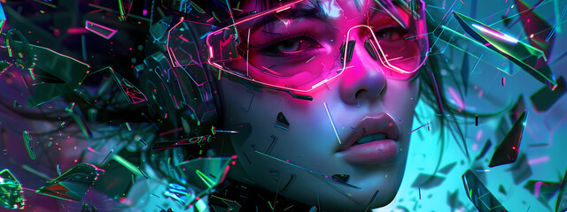 
High-Tech Cyborg Woman in Neon Glass