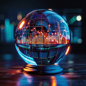 Predictive Analytics A 3D crystal ball with glowing data charts inside, representing future predictions.