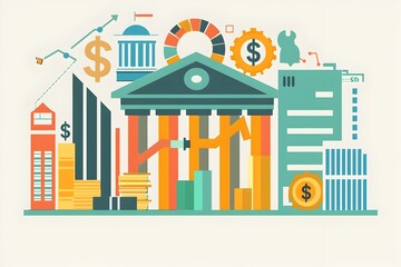 Fototapeta premium Flat Design of a Financial Concept Featuring Banks Money and Investments