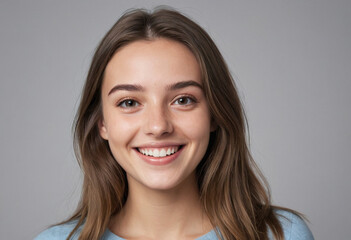 portrait view of a regular happy smiling Europeans girl , ultra realistic, candid, social media, avatar image, plain solid background
